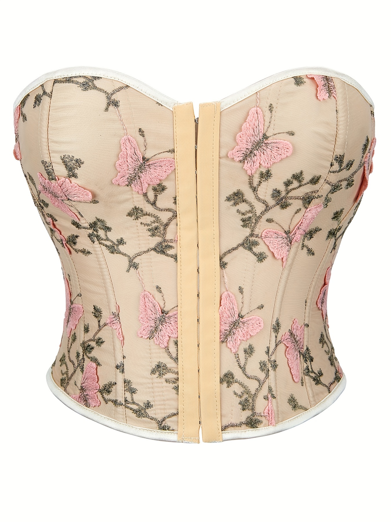 Butterfly Embroidery Strapless Corset Tummy Control Lace - Temu Canada