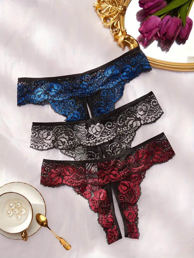 3pcs Floral Lace Thongs, Open Crotch Intimates Panties, Women's Sexy  Lingerie & Underwear