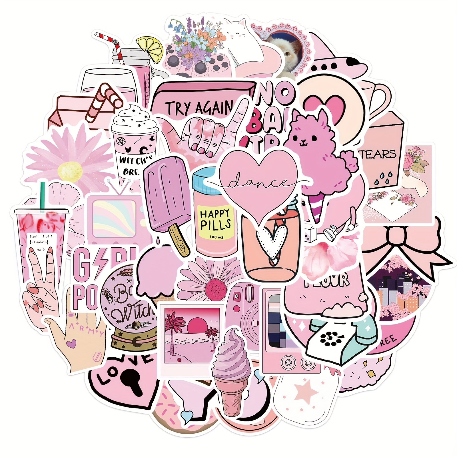 50 Pcs Cute Pink Stickers For Water Bottles, Kawaii Aesthetic