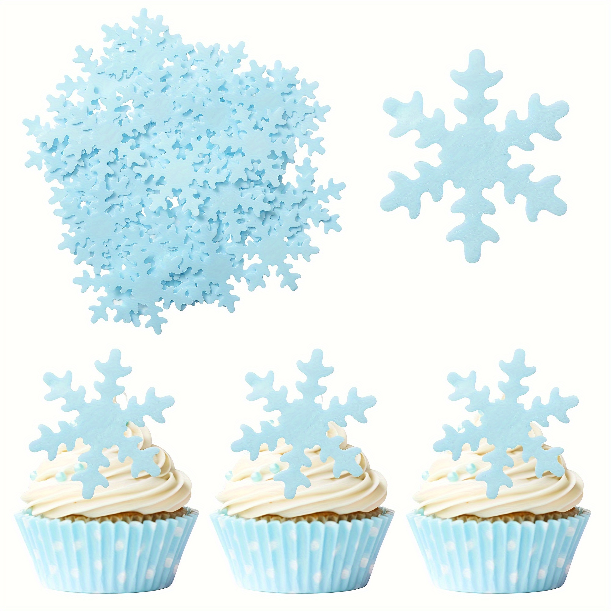 50 PCS White Edible Cupcake Toppers Snowflake Cake Toppers Snowflake  Cupcake Decorations for Winter Frozen Snowflake Theme Christmas Baby Shower