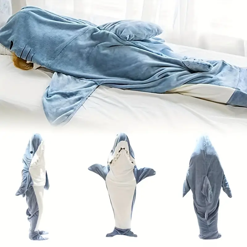 1pc shark loungewear pajamas multifunctional blanket thickened warm home wearable blanket cartoon shark sleeping bag details 6