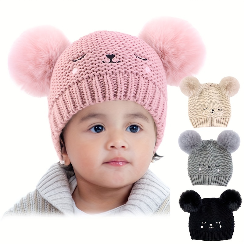 1pc Toddler Girls' Knitted Hat With Dual Pom Poms, Winter Warm