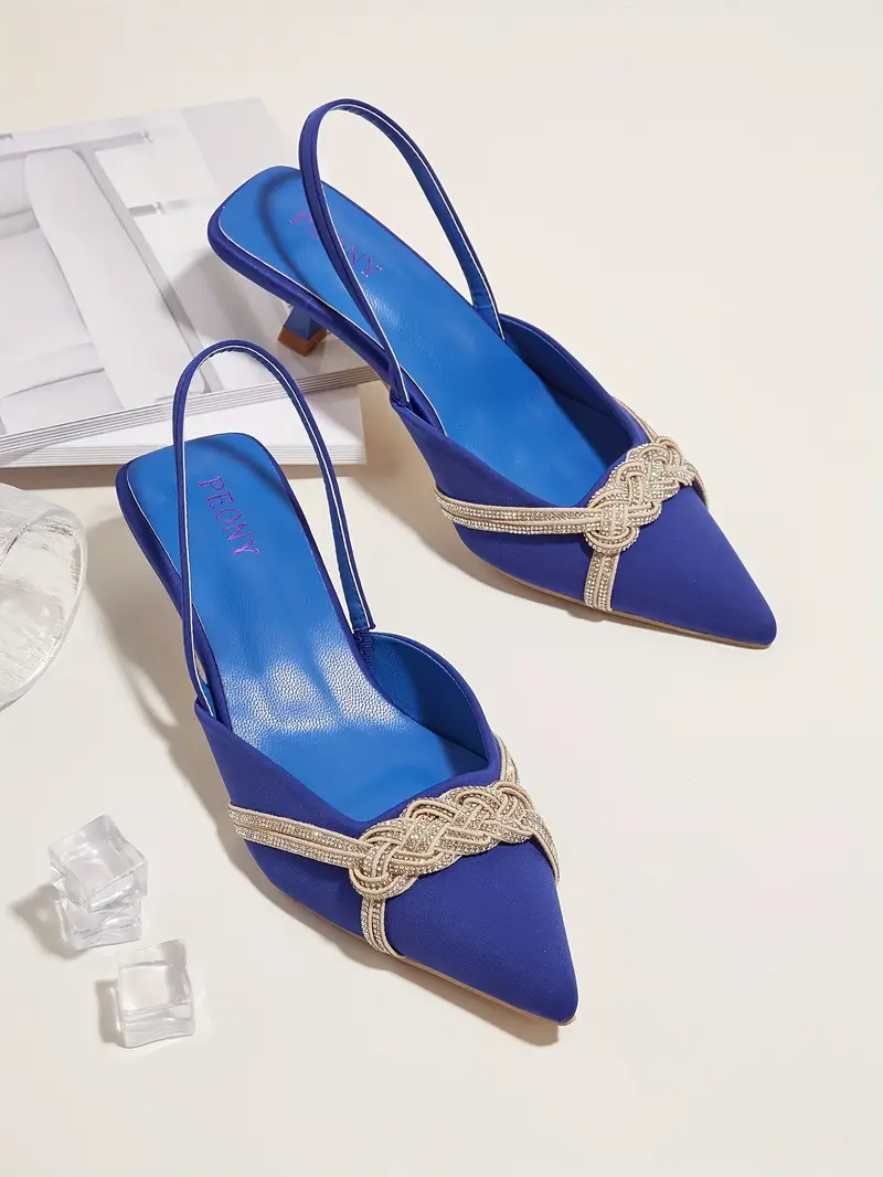 womens slingback kitten heels rhinestone braided strap slip on sandals solid color strap low heels details 21