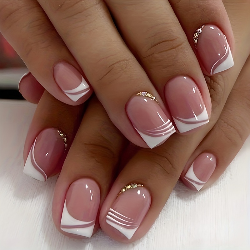 Press on Nails MediumShort Pink French Fake Nails Round Acrylic