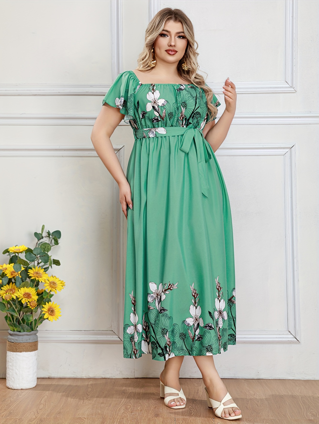 Teal Plus Size Floral Dresses Spring