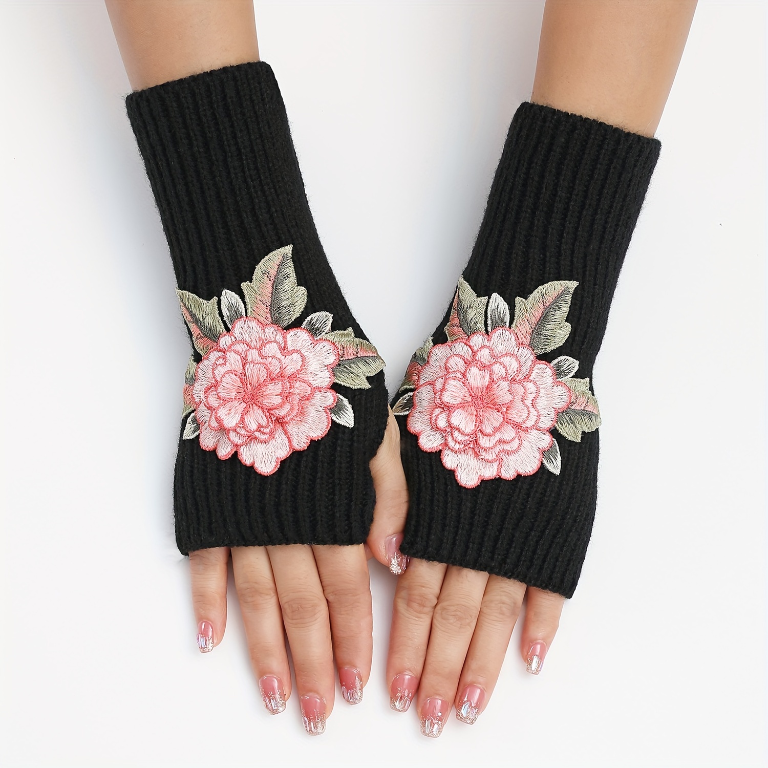 Short Flower Embroidered Knit Gloves Stylish Fingerless - Temu