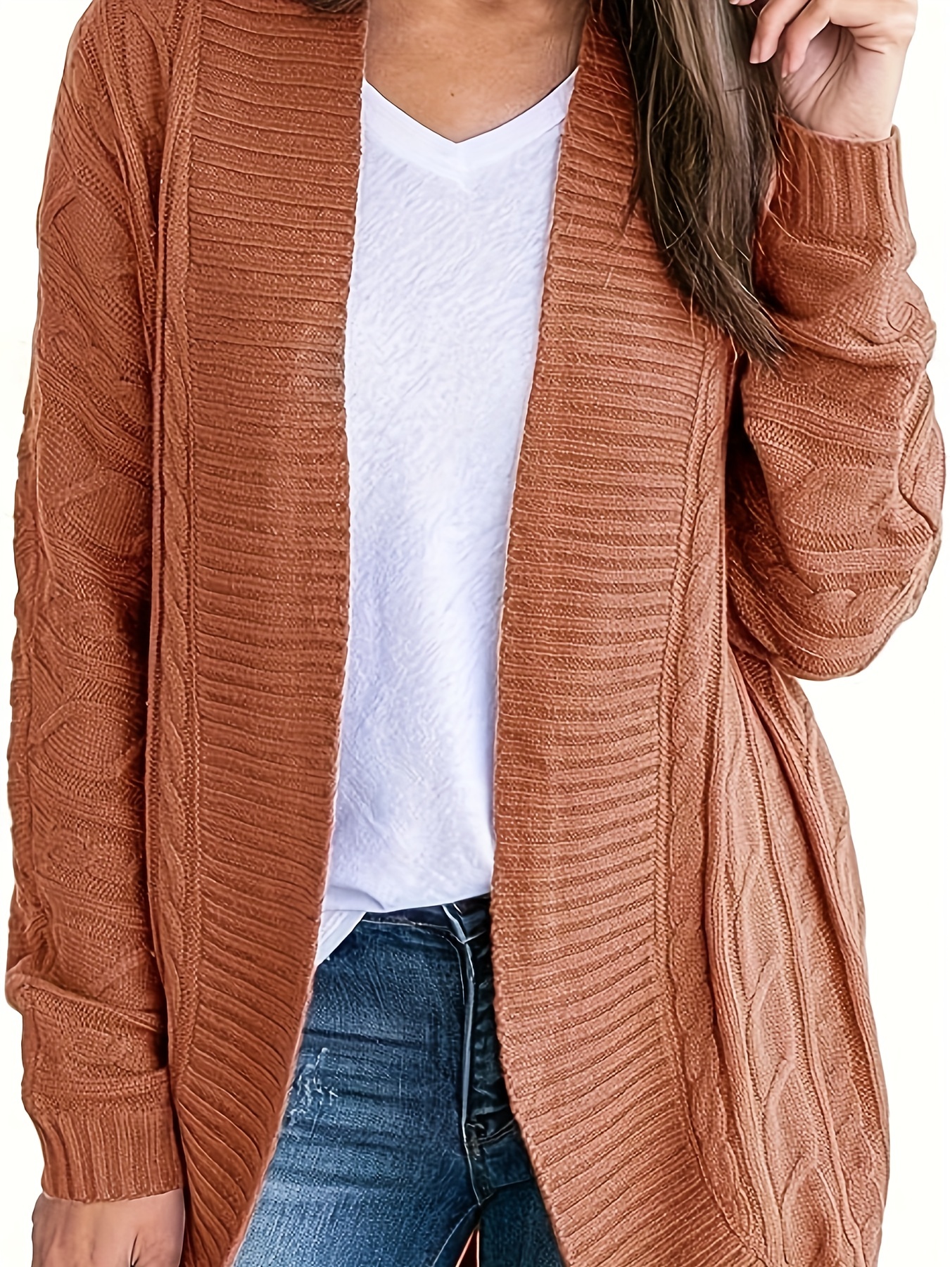 Solid Cable Open Front Cardigan, Casual Long Sleeve Drop Shoulder Cardigan,  Women's Clothing