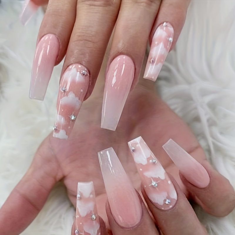 Press on Nails Extra Long Coffin Clouds Fake Nails Glossy Nude Moon Sun  Full Cover False Nails Acrylic Nails Tips for Women and Girls (24pcs)  (Style H) 