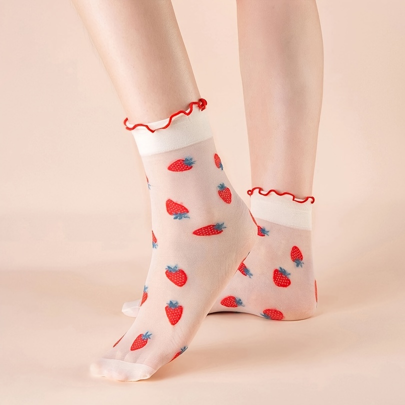 Strawberry Print Mesh Socks, Sweet & Cute Lettuce Trim Socks, Women's  Stockings & Hosiery