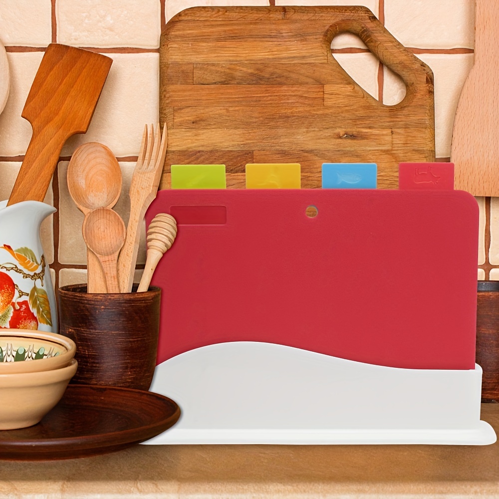 Cutting Board Set, Plastic Cutting Board, Set of 4 Cutting Boards with  Storage Stand, Chopping Board Set with Color Coded Food Icon for Kitchen