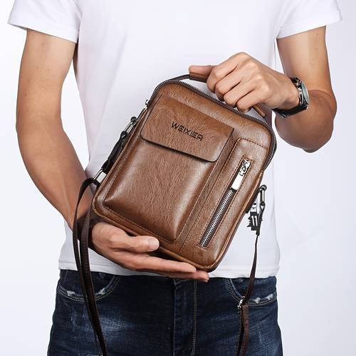 Men's Fashion PU Leather Shoulder Bag, Multi Zipper Messenger Satchel Bag, Business Travel Purse
