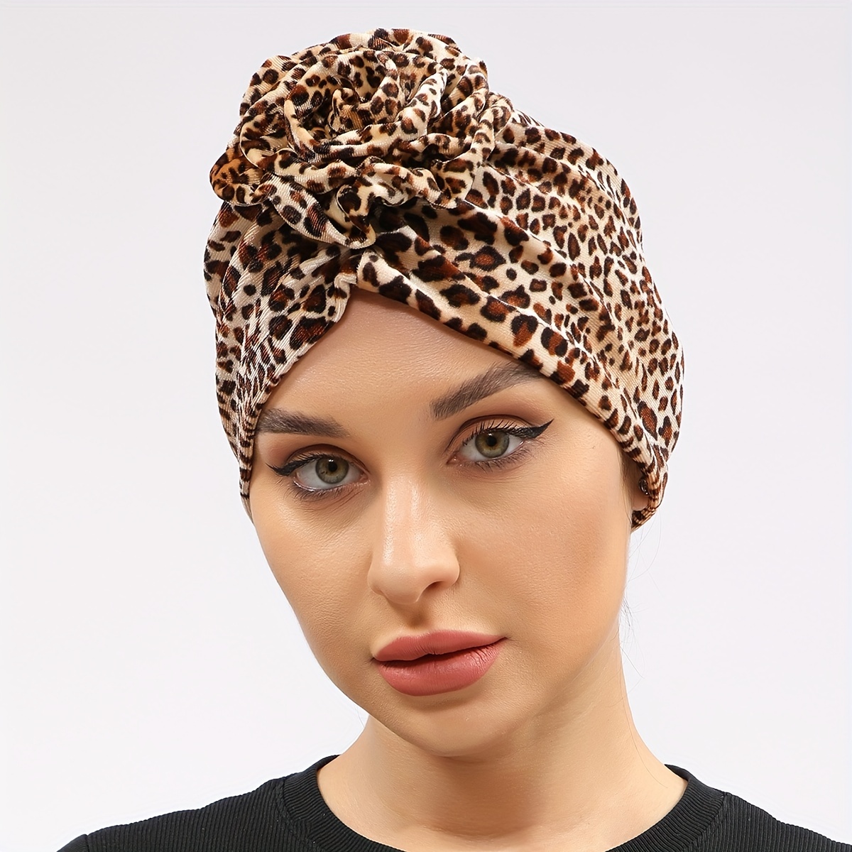 

Leopard Print Flower Turban Breathable Bandana Casual Hijab Hat Elastic Beanie Head Wrap Chemo Hats For Women