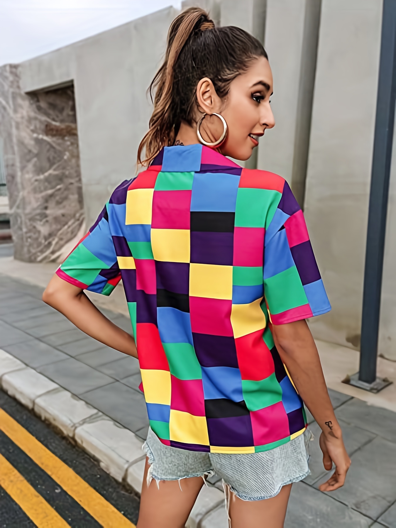 Color Block Shirt, Button Down Short Sleeve Shirt, Casual Every Day Tops,  Women's Clothing