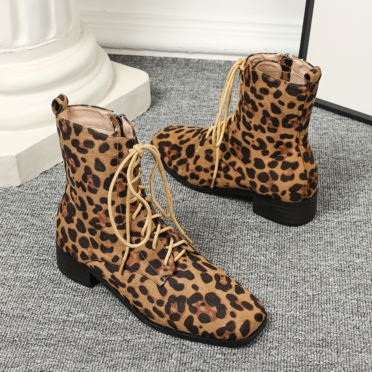 Women's Leopard Print Short Boots V Cutout Back Zipper Ankle - Temu