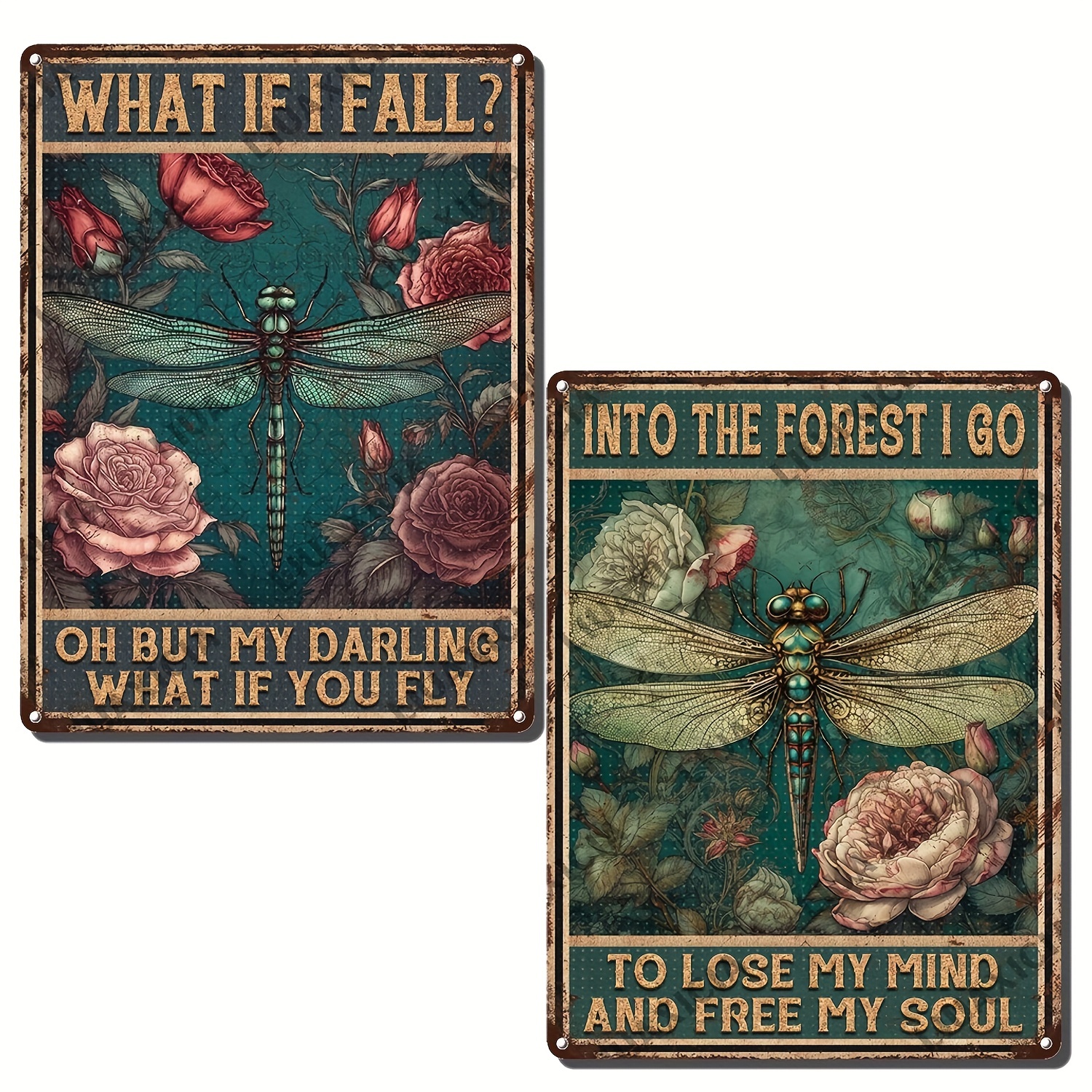 

1pc Retro Dragonfly Tin Sign, Into The Forest What If I Fall Funny Metal Sign, Wall Poster, Garden, Bar, Yard, Outdoor Decor 8x12inch