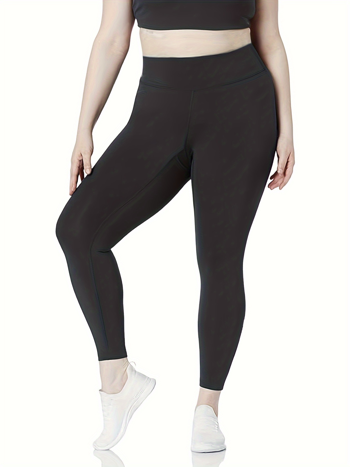 Plus Size Sports Pants, Women's Plus Solid Wide Waistband Tummy Control  Yoga Running Leggings