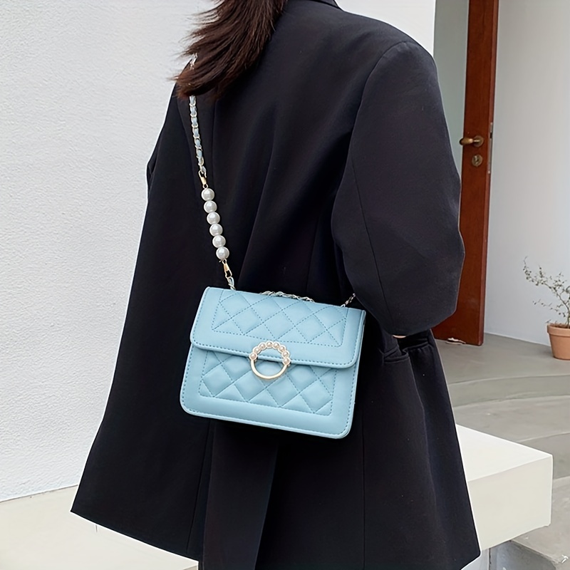 21K My Perfect Mini Flap Bag with Pearl Strap in Light Blue Lambskin
