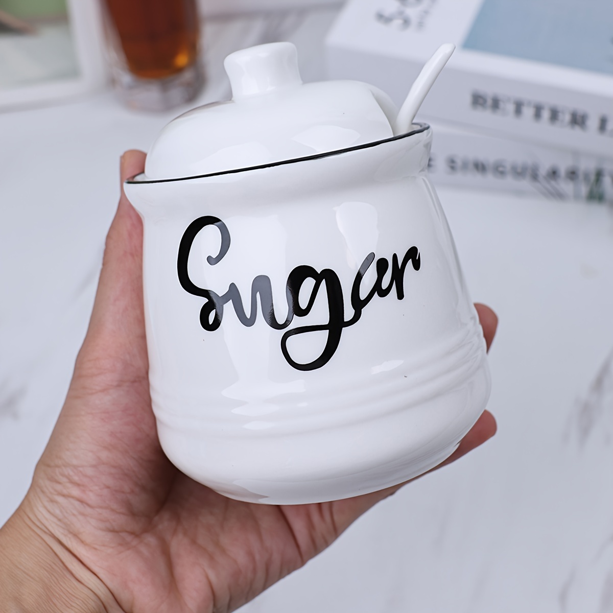 DOWAN Sugar Bowl with Lid and Spoon, 12 oz Ceramic Sugar Container, Sugar  Jar for Kitchen, Coffee bar, Countertop, Ghee Container, Modern Farmhouse