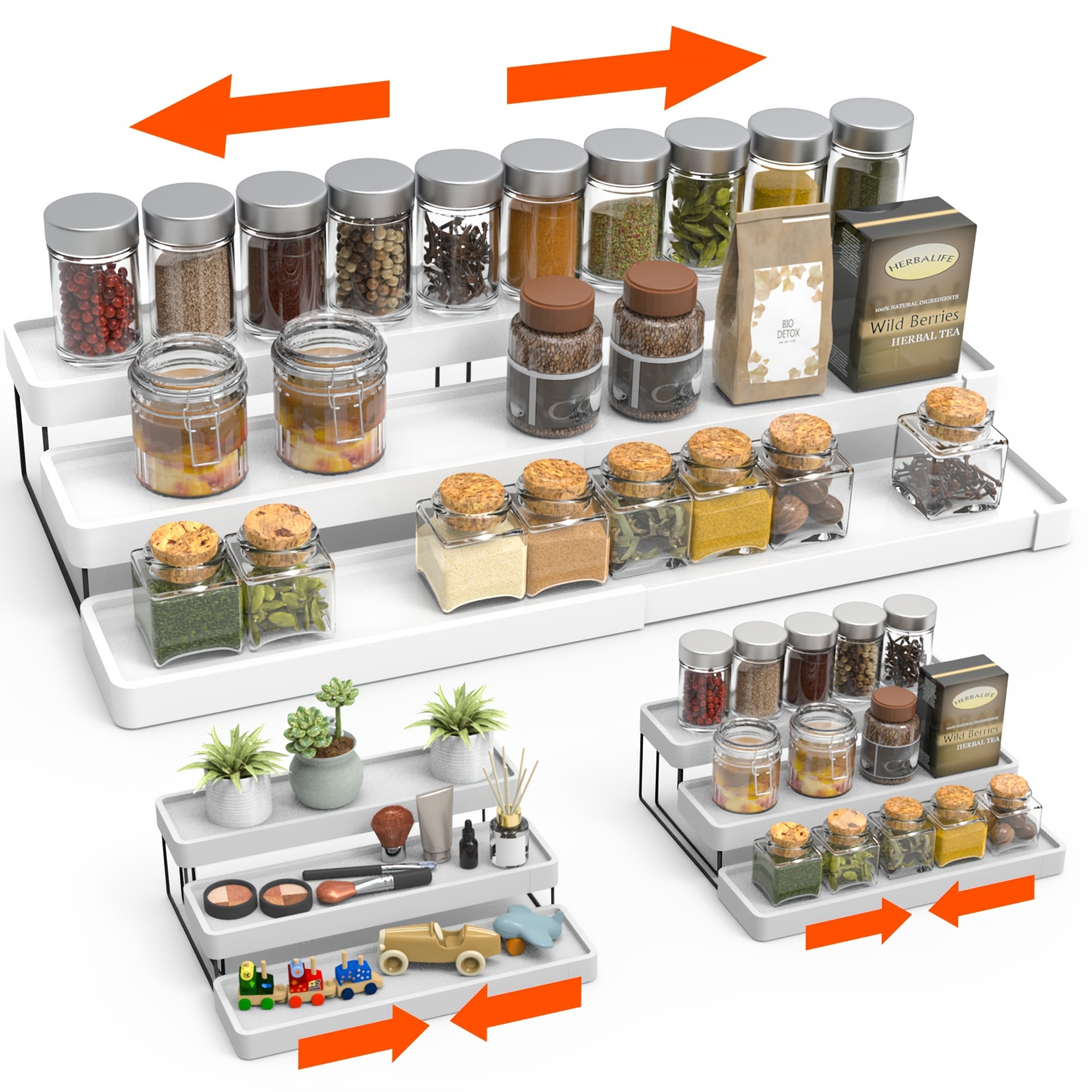 Organizador de cajones de especias, acrílico transparente de 4 niveles  expandible de 13 a 26 pulgadas, tarro de condimento para cajón, bandeja de