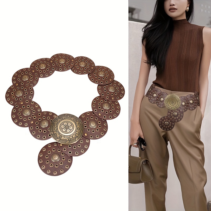 Western Cowboy Wide Belt Golden Rivet Steampunk Circles Pu - Temu