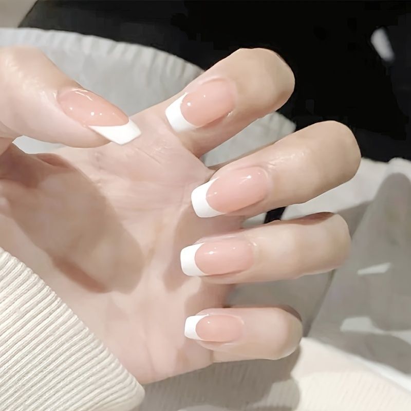 French White Press On Nails Fake Nails Glossy Square Press On Nails Acrylic  Medium With Glue False Nails Elegant French Design Artificial Finger  Manicure 24pcs | Shop On Temu And Start Saving |