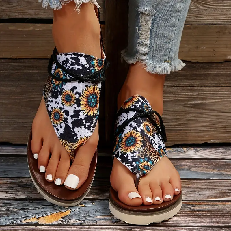 Women's Sunflower Printed Flat Sandals Open Toe Back Zipper - Temu