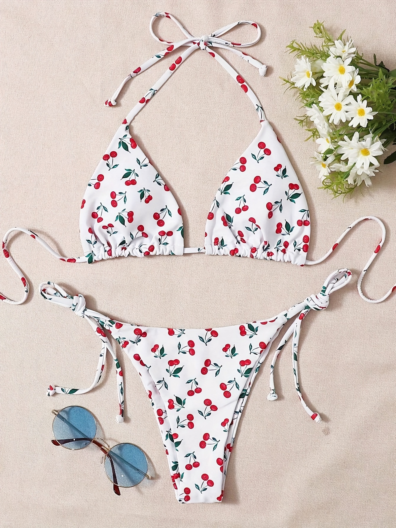 Cute Cherry Print Halter Bikini Tie Side Striangle Tie Back - Temu