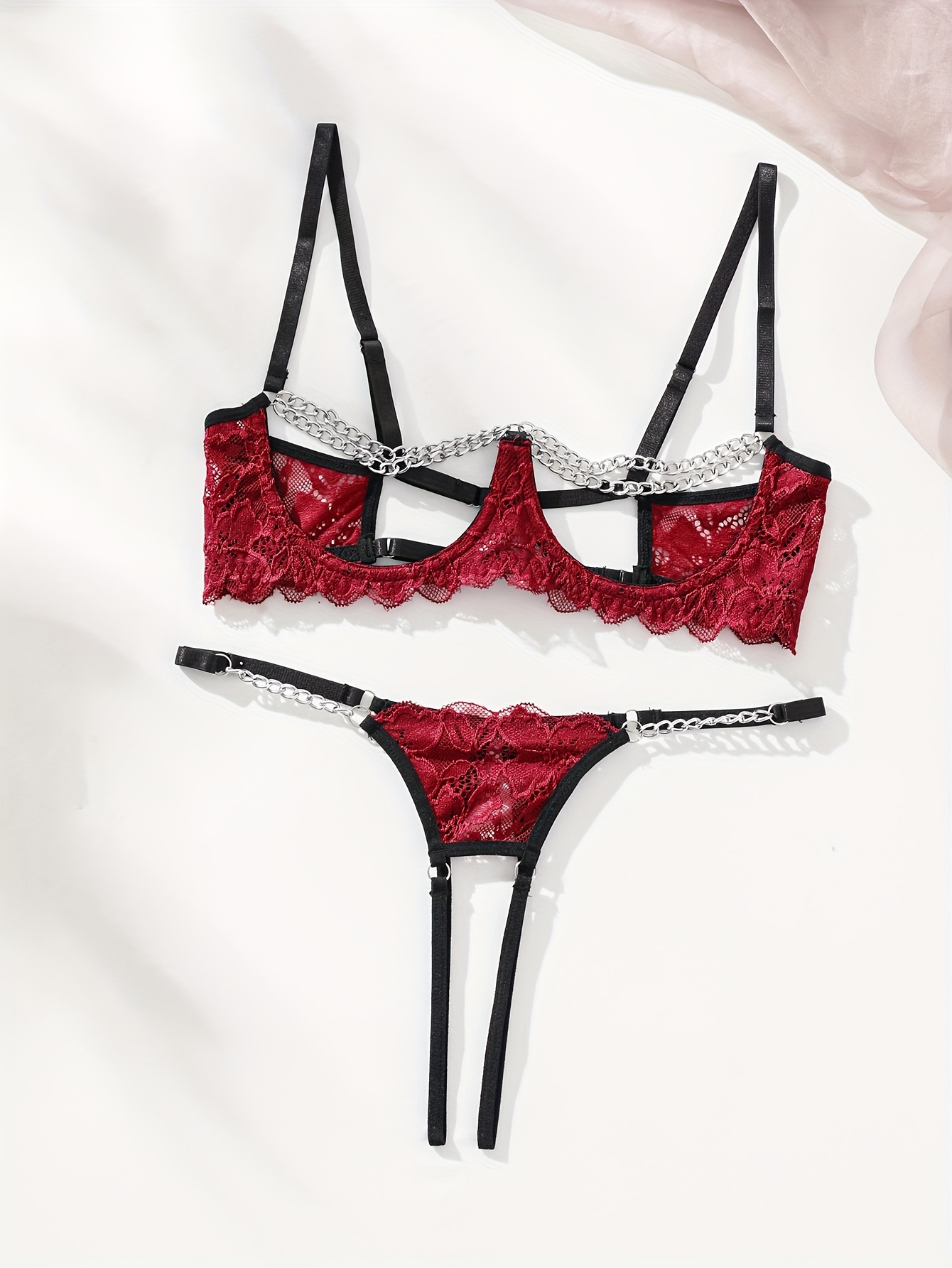 Red Open Crotch Lingerie Set, Open Cup Bra, Crotchless Panties