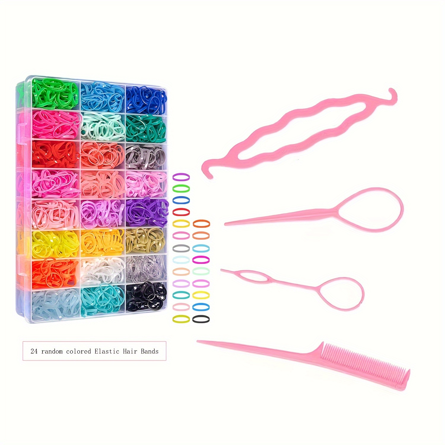 24 Colors Elastic Hair Rubber Bands, Pydeeirom Hair Ties With 4 Hair  Styling Tools And Organizer Box