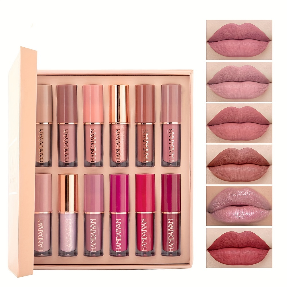 

12 Pcs Long-lasting Nude Lip Glaze Lipstick Set With Non-stick Cup - Perfect Valentine's Day Gift For Women