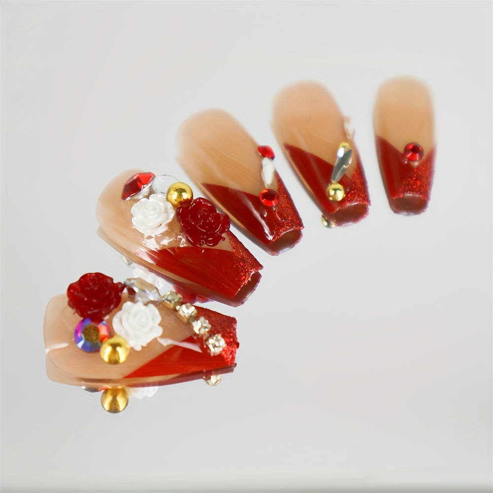 Glossy Medium Ballet Fake Nails Red Glitter French Tip Press - Temu