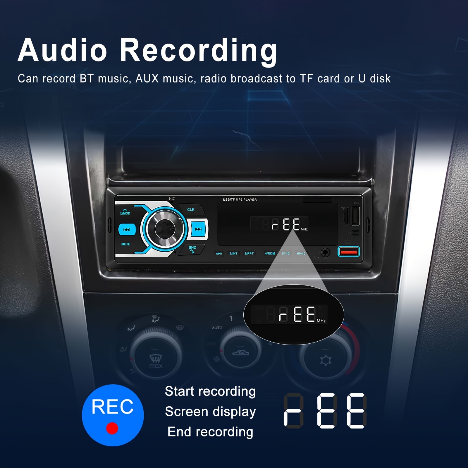 Autoradio Bluetooth Mains Libres, Microphone intégré stéréo Universel 1  DIN, Prise en Charge du Lecteur multimédia MP3 de Voiture USB/TF/SD/AUX  avec 5