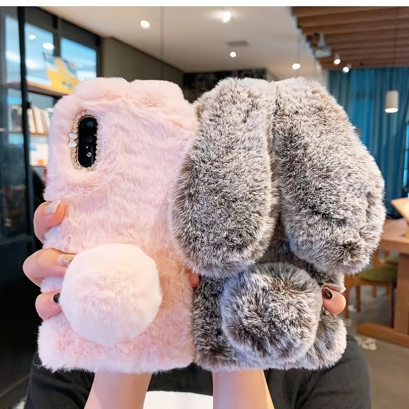 Fluffy Bunny Plush Phone Cover Pink for 11 Pro, Cute Warm Furry Fur Stuff  Animal Rabbit Phone Case for Girls, Fashion Woman Protective Cover for 11