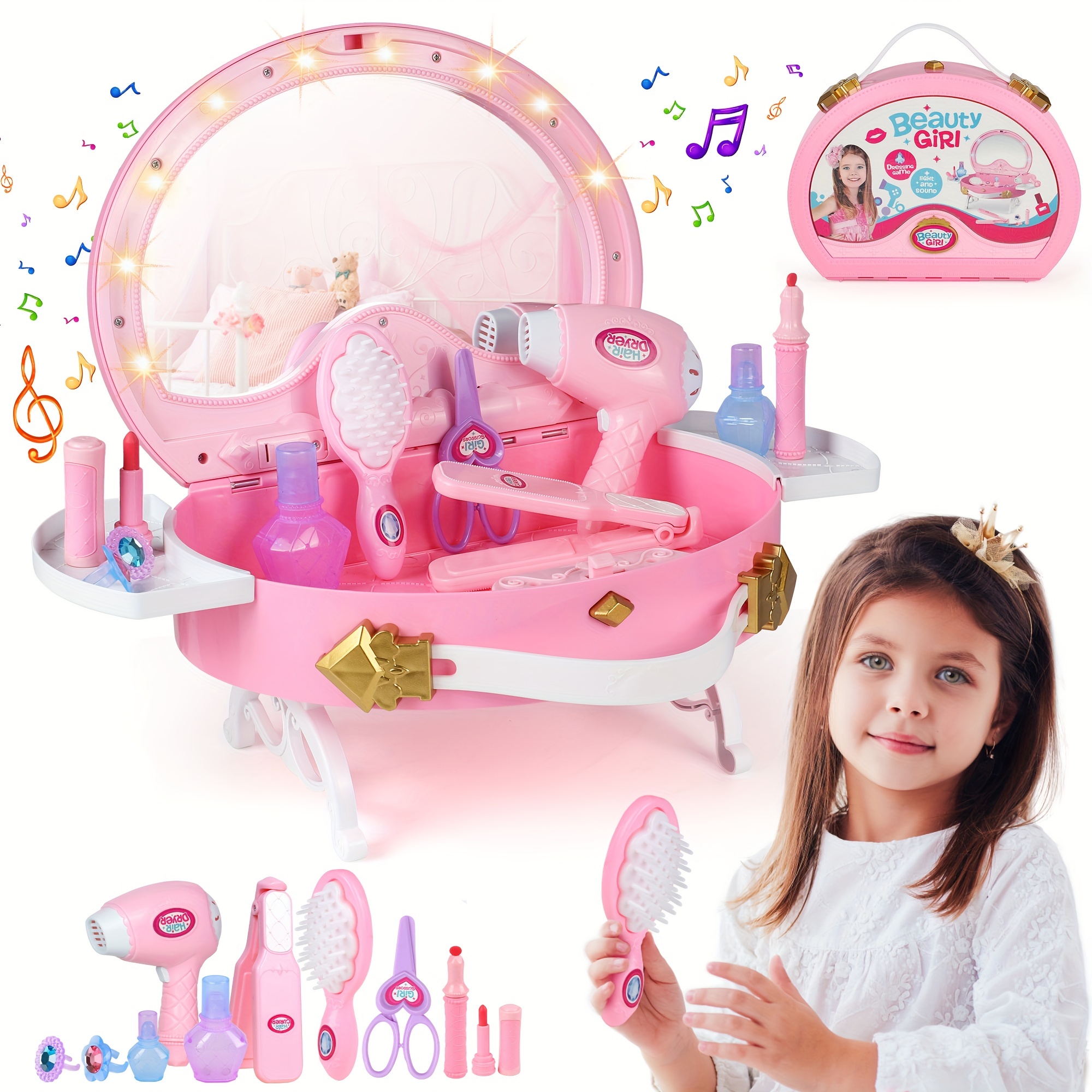 Juego de tocador para niños con taburete y espejo, mesa de maquillaje 2 en  1 con espejo real desmontable, juego de tocador de princesa con cajón, mesa