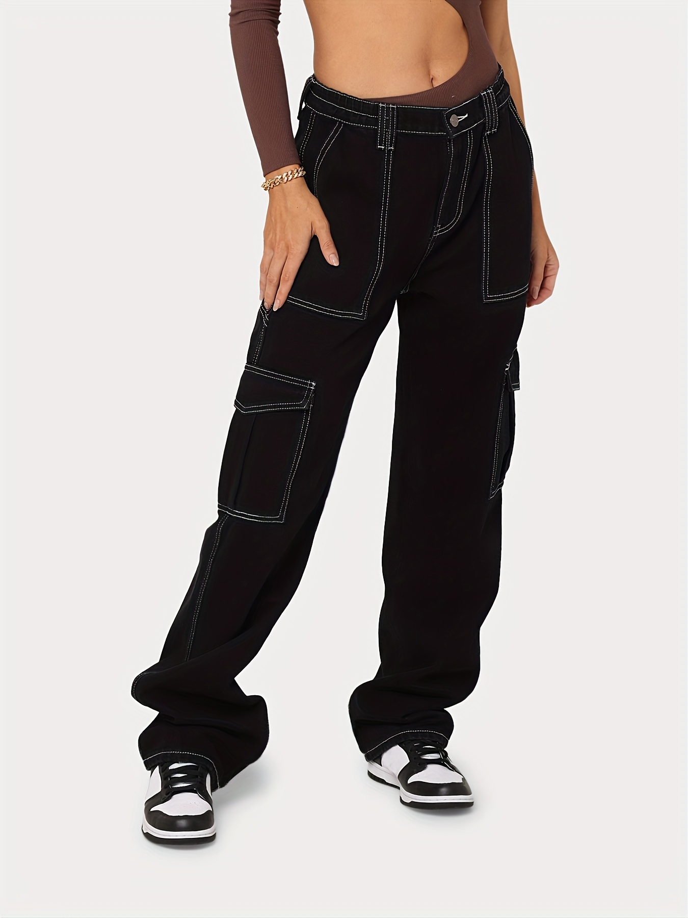 Women Loose Baggy Jeans Pants Streetwear Retro Cargo Pockets Denim Trousers