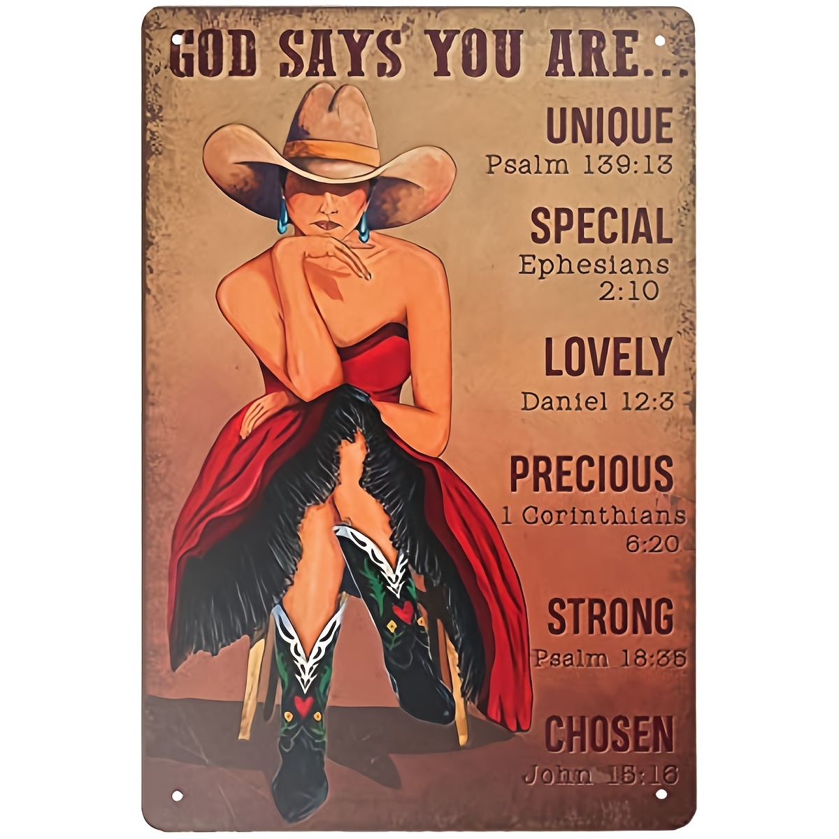 1pc Super Durable Red Dress Girl With Cowboy Hat Wild West Tin Sign Vintage Garage Bar Coffee Shop Home Wall Decoration Metal Tin Sign 12x8 Inch
