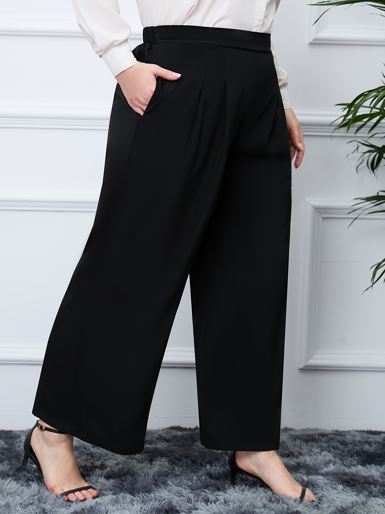 Plus Size Casual Pants Women's Plus Plain High Elastic - Temu