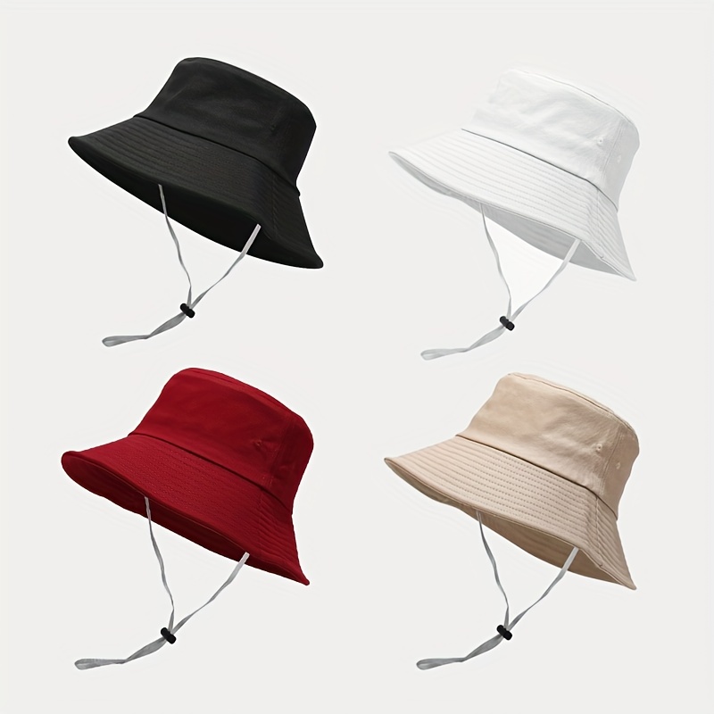 

1pc Wide Brim Strap Windproof Rope Bucket Hat Solid Color Outdoor Breathable Outing Sun Protection Sunshade Hat All Seasons Basin Hat For Men And Women