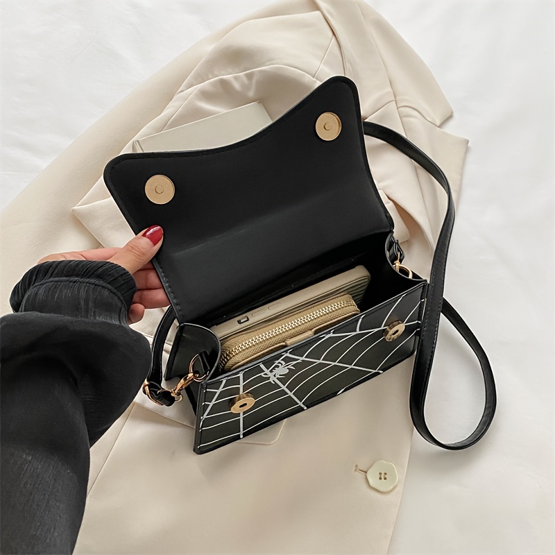 Halloween Spider Web Print Shoulder Bag, Pu Leather Flap Crossbody Bag, Top  Handle Portable Handbag - Temu