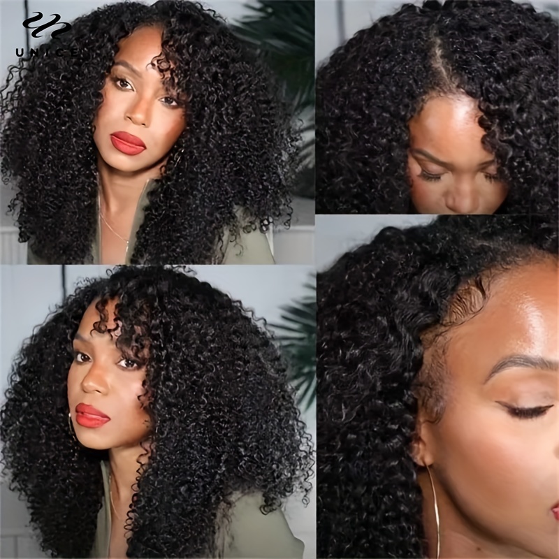 UNICE Glueless Kinky Curly V Part Wigs Human Hair No Leave Out Upgrade U  part Wigs Afro Kinky Curly V Shape Human Hair Wig with Clips No Sew in 150%  Density Natural