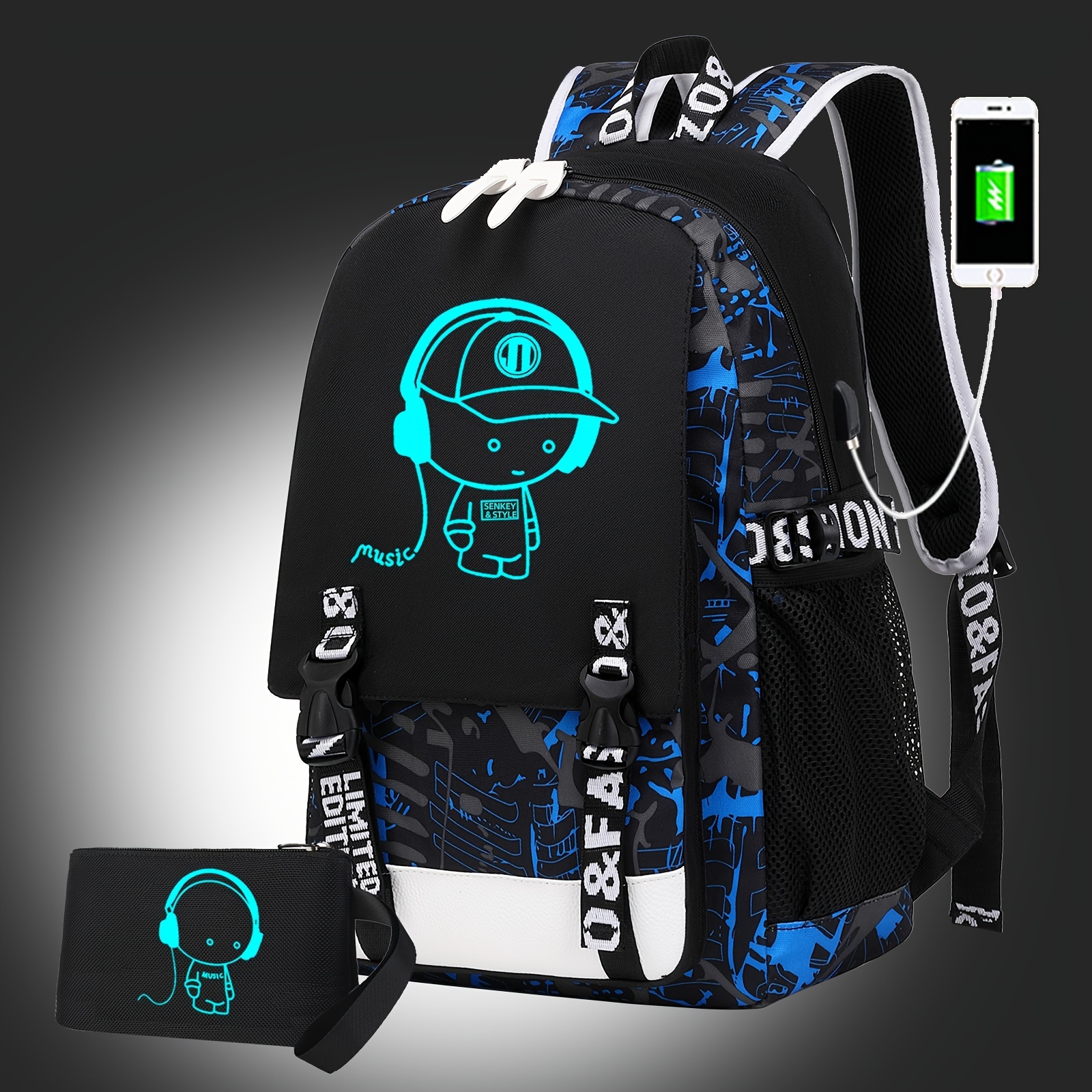 1pc Glow In The Dark Backpack Printed Graffiti Bag Large Capacity