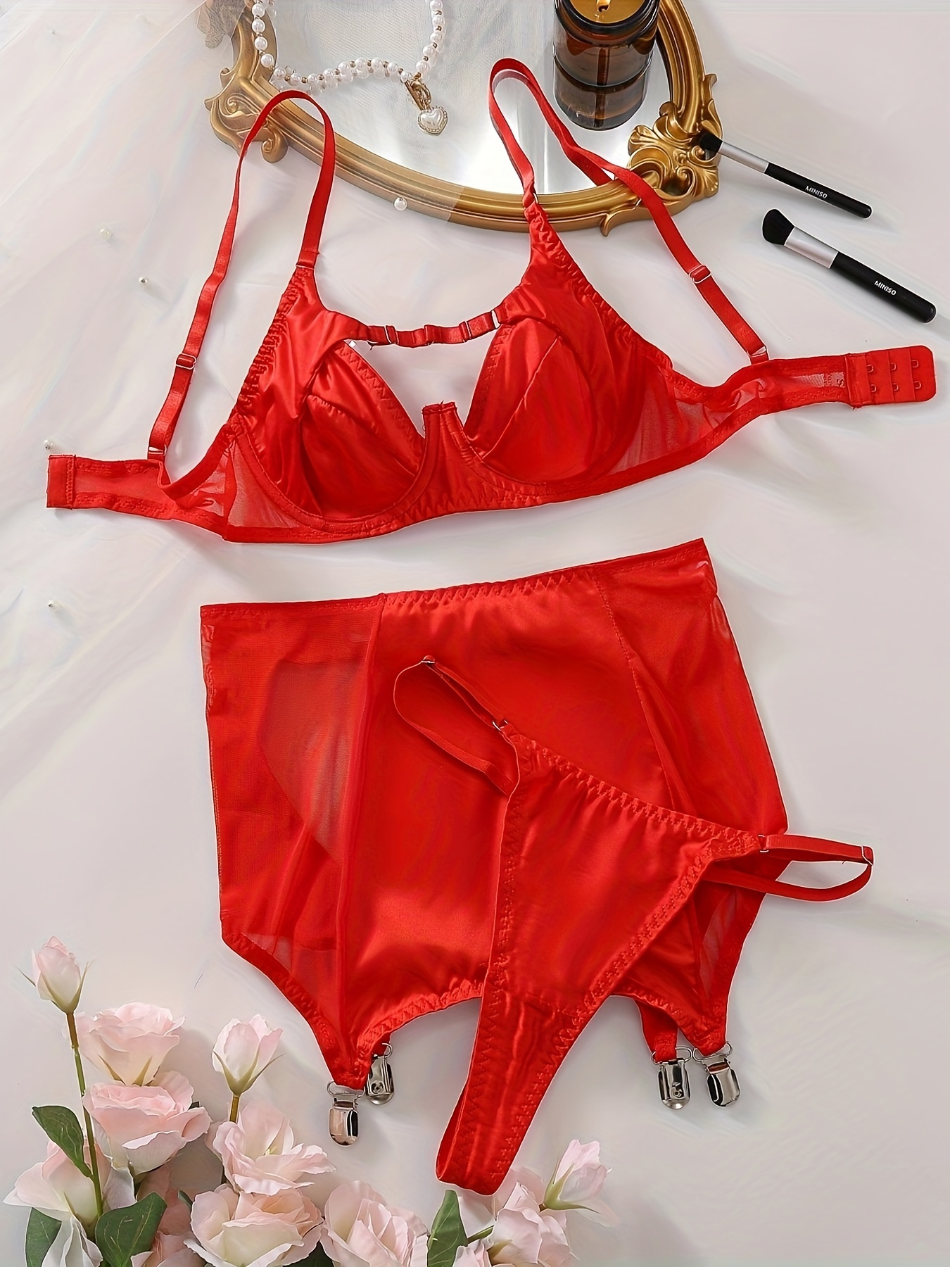 Solid Satin Lingerie Set, Cut Out Intimates Bra & Garter Belt & Thong,  Women's * Lingerie & Underwear