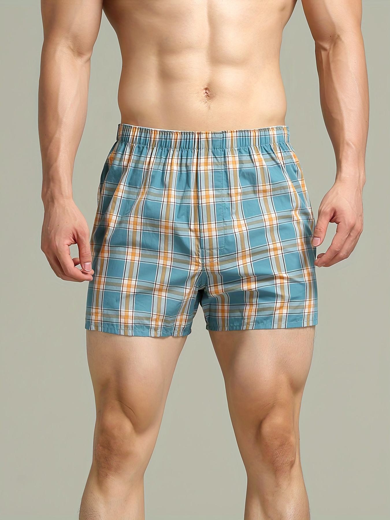 Men Cotton Trunks Loose Underpants Pants Underwear Homewear Plaid Boxers  Shorts