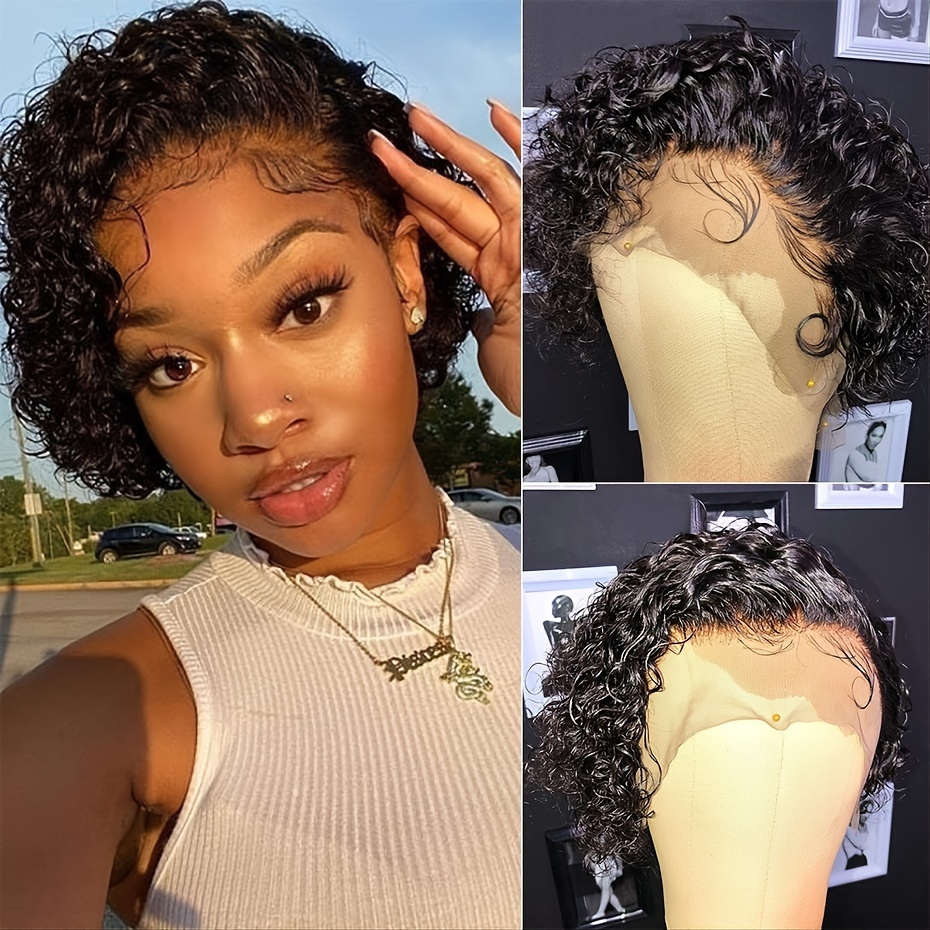 Short Curly Wavy Human Hair Wigs Short Pixie Cut Wigs 13*1 - Temu