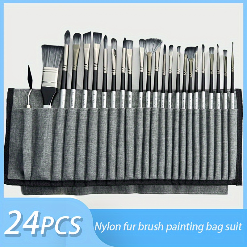 

24pcs Brush Curtain Paintbrush Canvas Bag, Multi-functional Original Wooden Pole Watercolor Oil Painting Brush Set, Art Painting Special Set