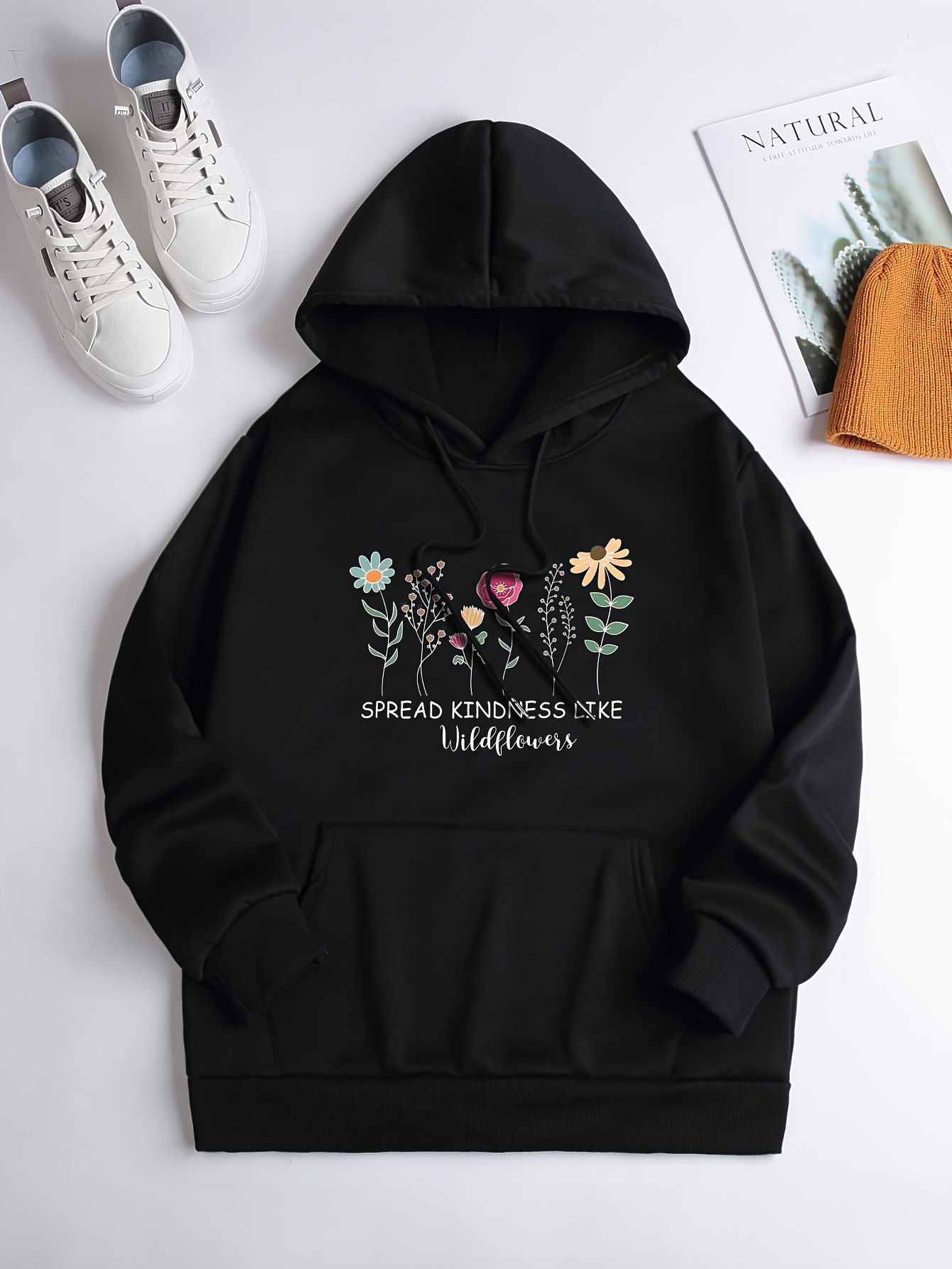 Slogan & Floral Print Hooded Drawstring Sweatshirt With Front