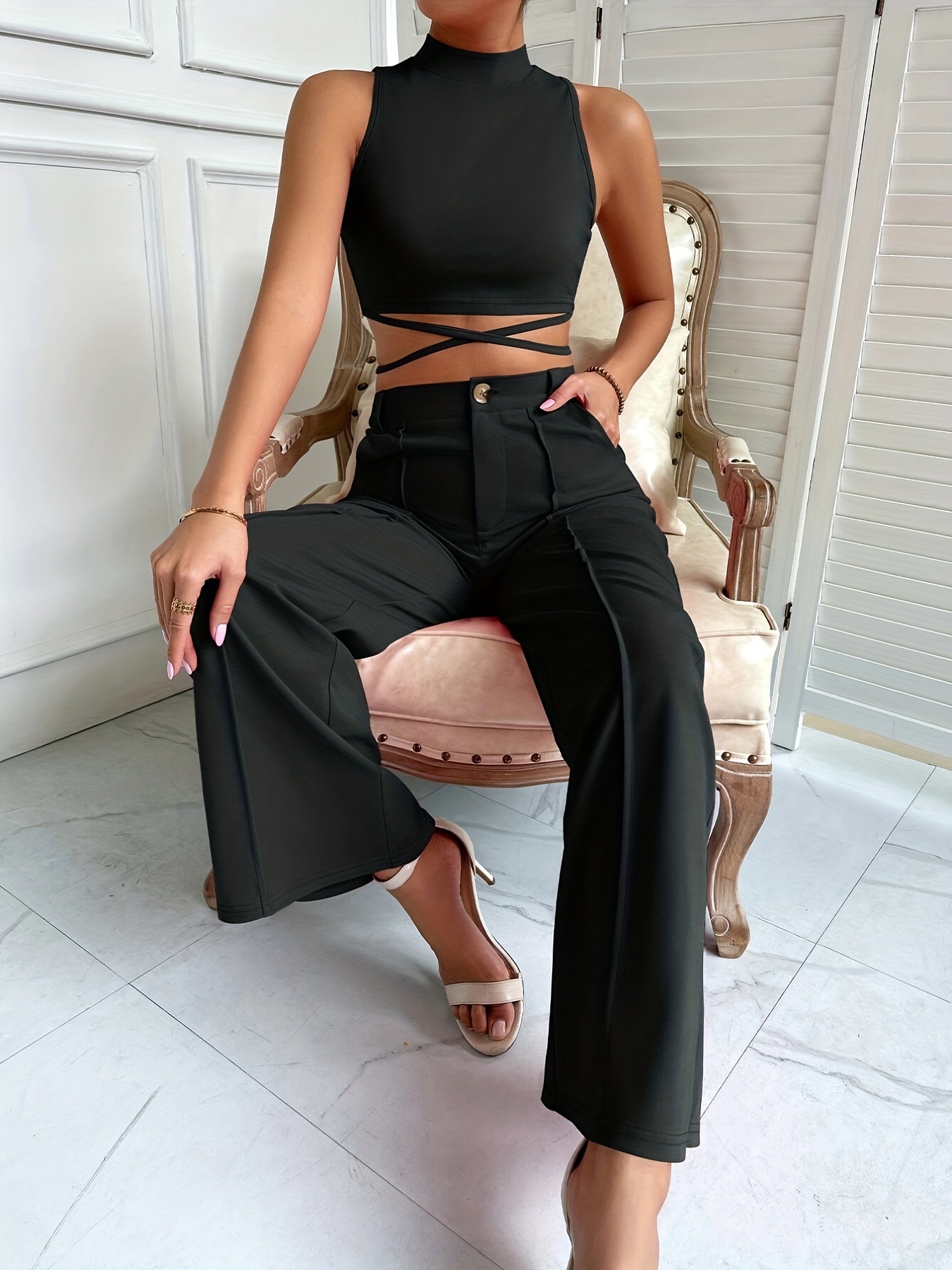 Solid Slim Two piece Set Tie Back Mock Neck Top & High Waist Wide Leg Pants