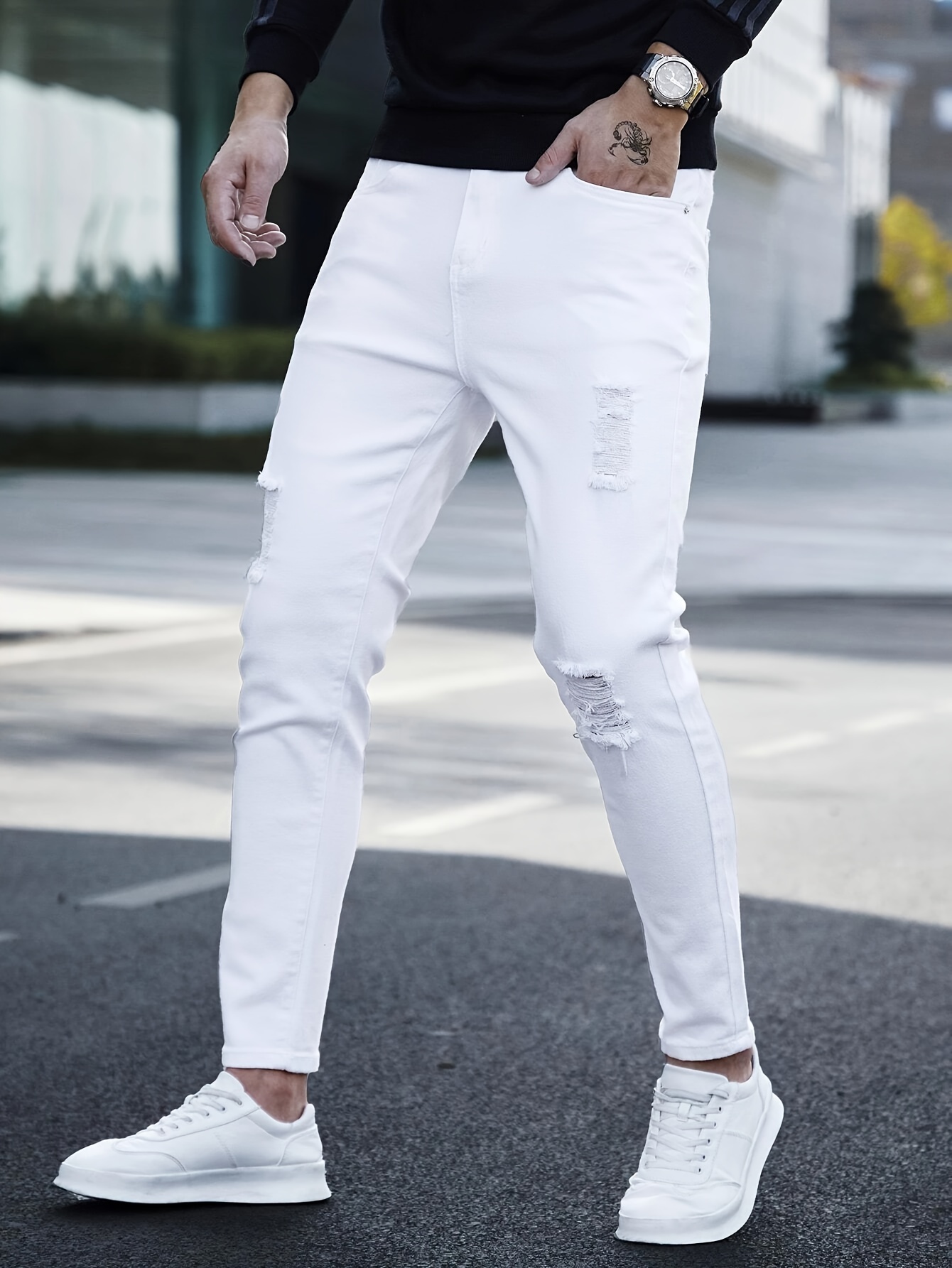 White Ripped Design Slim Fit Jeans, Men's Casual Street Style Mid Stretch  Denim Pants For Spring Summer
