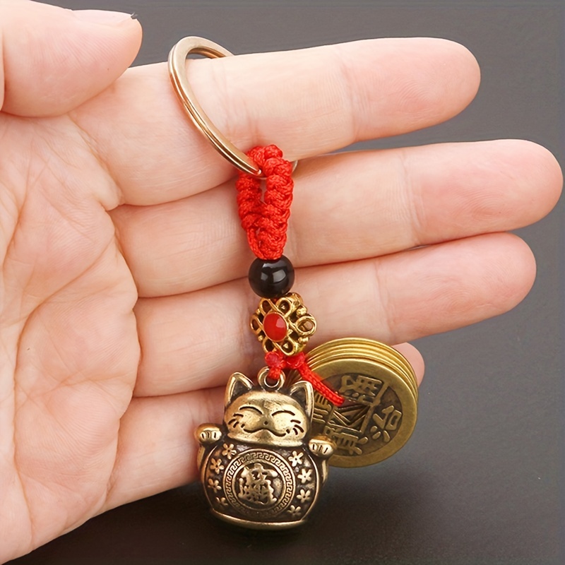 Fortune Cat Old Coin Keychain Cute Animal Brass Key Ring - Temu