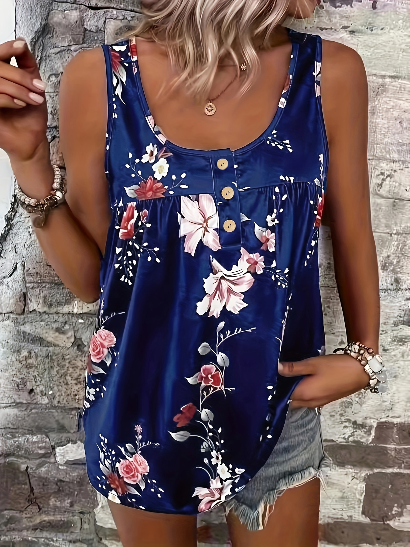 Plus Size Casual Tank Top Women's Plus Floral Print Round - Temu